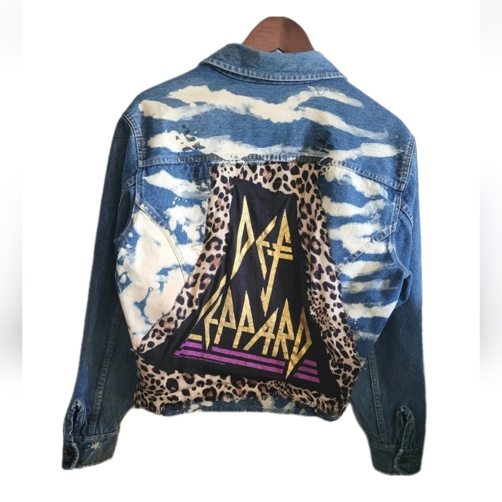 Def Leppard Upcycled Vtg Dickies denim jacket Womens Medium Leopard Patchwork